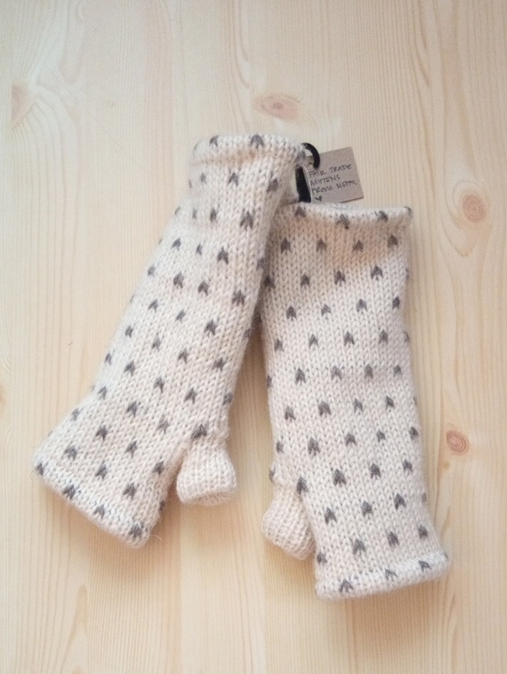 100% Wool Cream Knit Fingerless Mittens Fleece Lined Made In Nepal